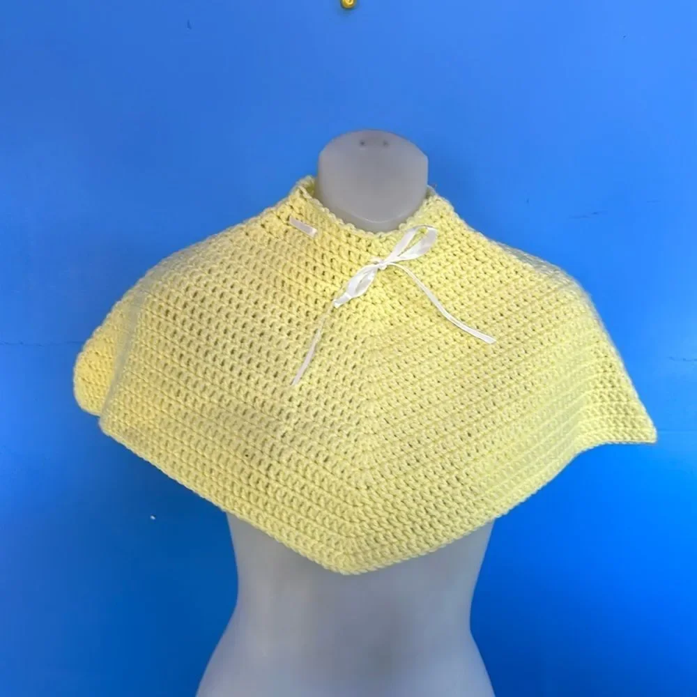 Hand Crocheted Yellow Ribbon Poncho with Drawstring Boho Style